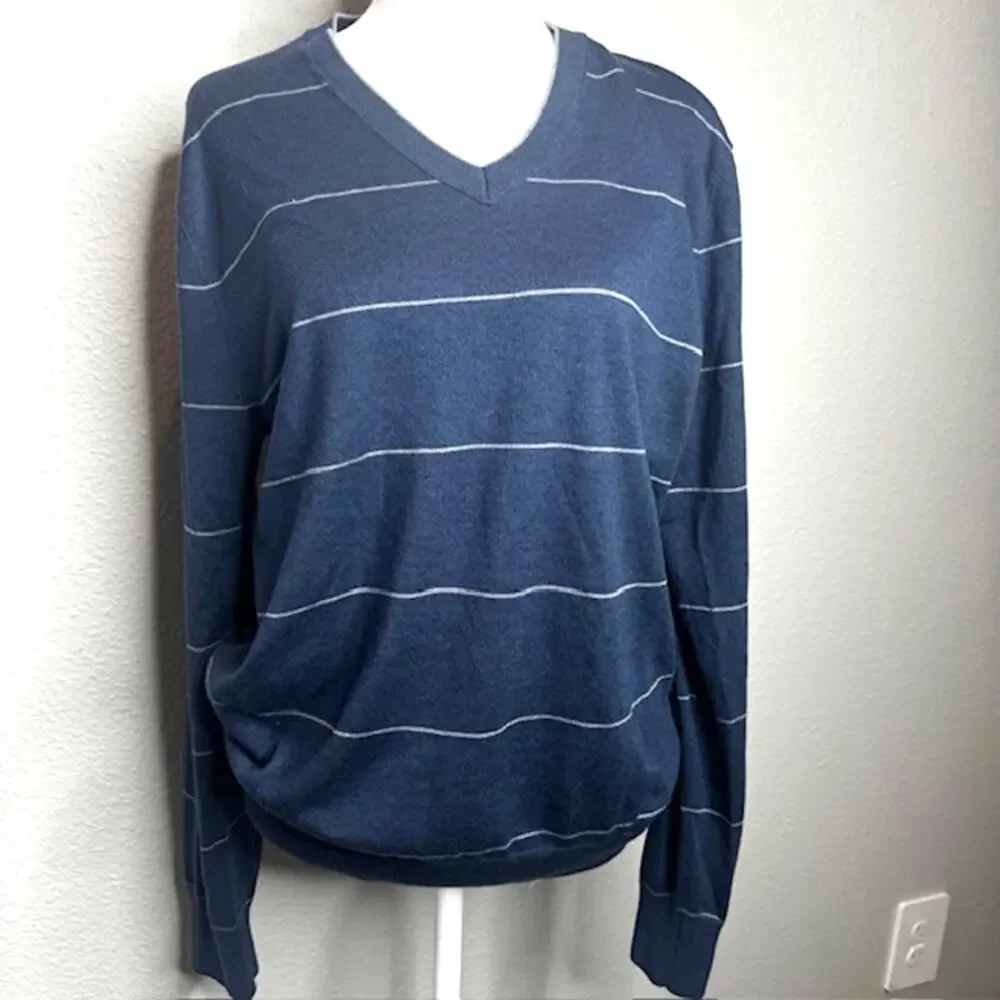 Banana Republic Silk Cashmere V-Neck Sweater Blue Stripe Luxury Blend Medium